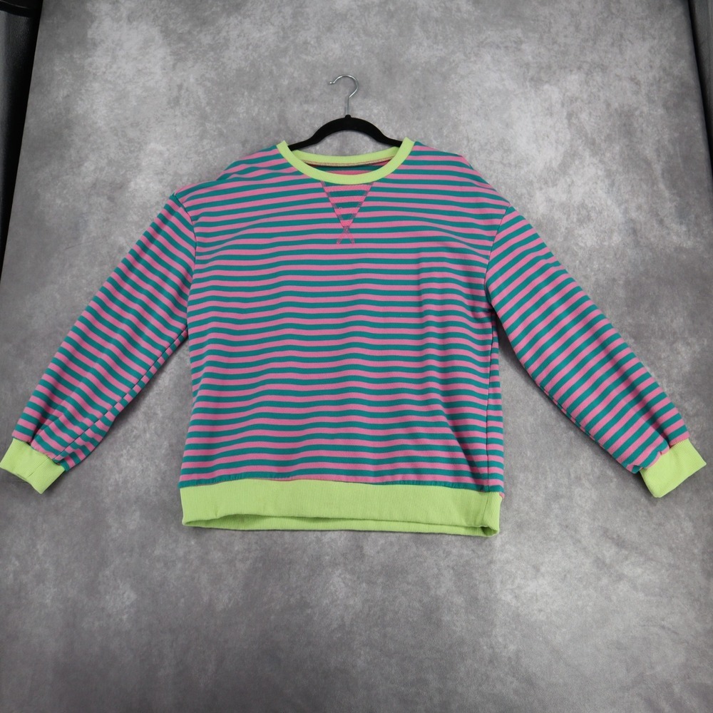 Crewneck Sweatshirt Pink Green Striped Neon Trim Pullover Small Free People Dupe